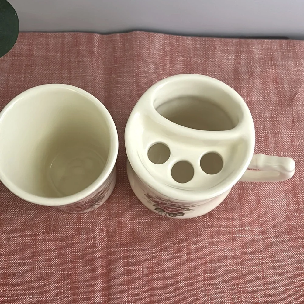 Vintage Collectable ATHENA Pink/Burgundy Roses SHAVING MUG Set. Or toothbrush